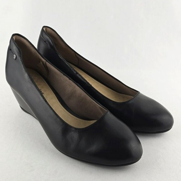 Hush Puppies Women's Black Leather Wedge Almond Toe Shoes Cushioned Size 9 - Picture 3 of 16